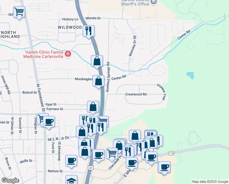 map of restaurants, bars, coffee shops, grocery stores, and more near 4 Crestwood Road in Cartersville