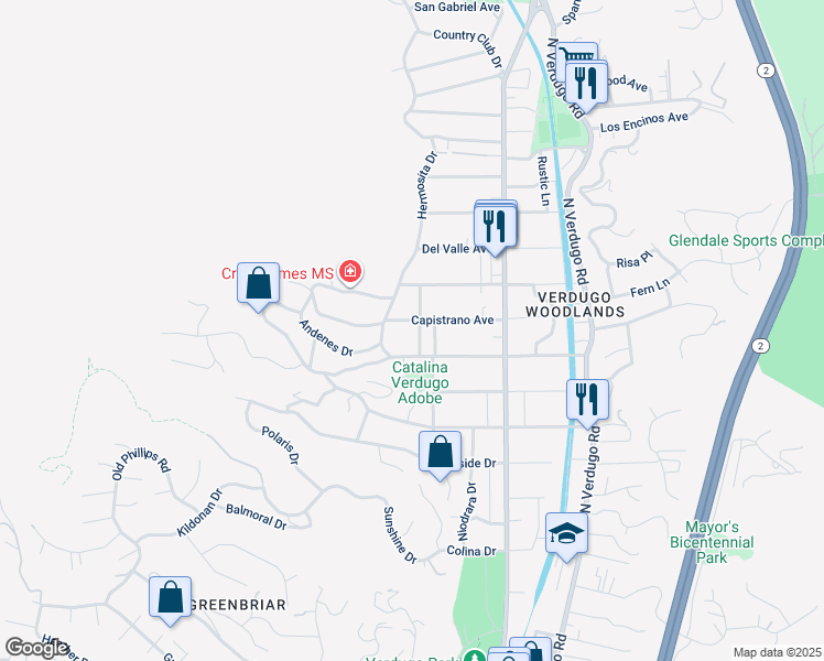 map of restaurants, bars, coffee shops, grocery stores, and more near 2321 Bonita Drive in Glendale