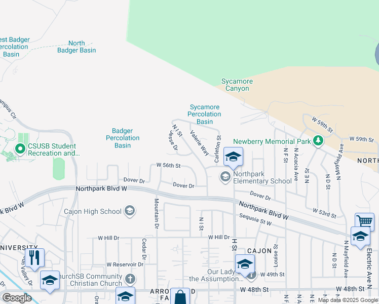 map of restaurants, bars, coffee shops, grocery stores, and more near North Campus Avenue in San Bernardino County