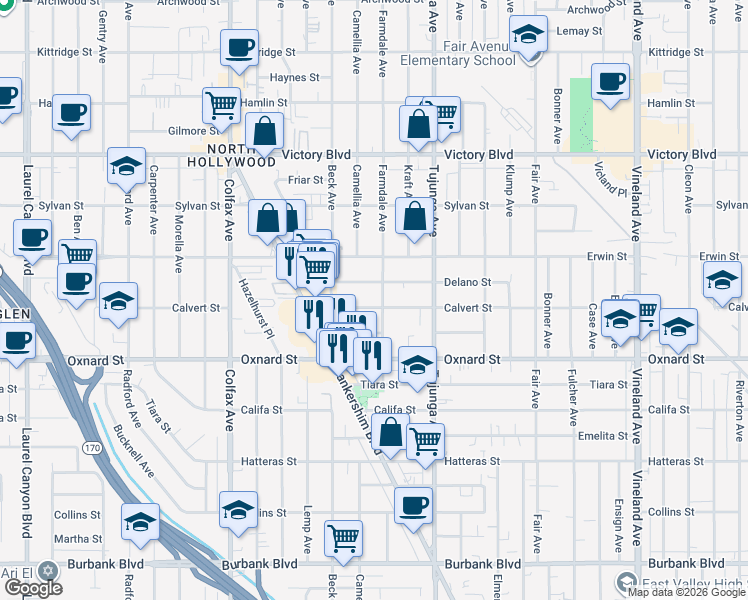 map of restaurants, bars, coffee shops, grocery stores, and more near 11472 Delano Street in Los Angeles