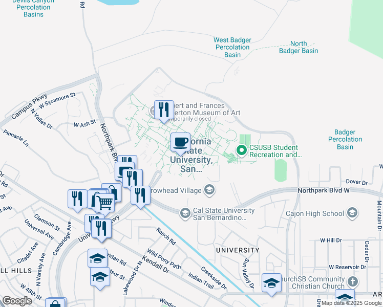 map of restaurants, bars, coffee shops, grocery stores, and more near 5500 University Parkway in San Bernardino