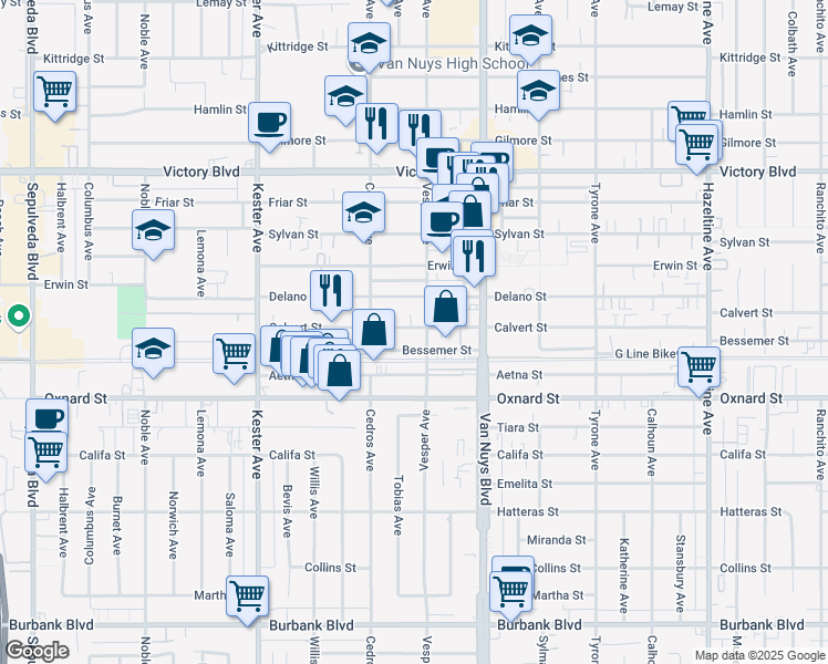 map of restaurants, bars, coffee shops, grocery stores, and more near 14612 Calvert Street in Los Angeles