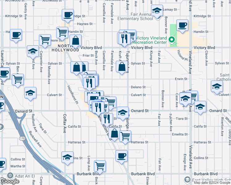 map of restaurants, bars, coffee shops, grocery stores, and more near 11453 Calvert Street in Los Angeles
