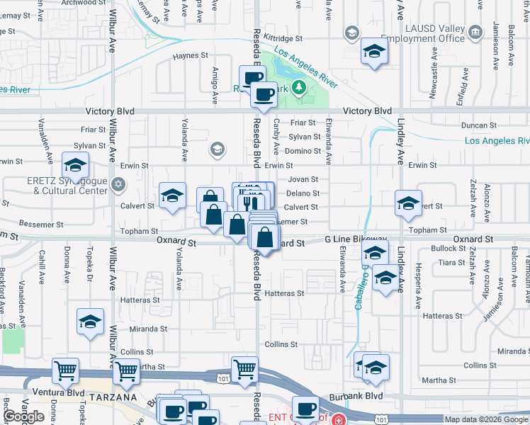 map of restaurants, bars, coffee shops, grocery stores, and more near 6151 Reseda Boulevard in Los Angeles