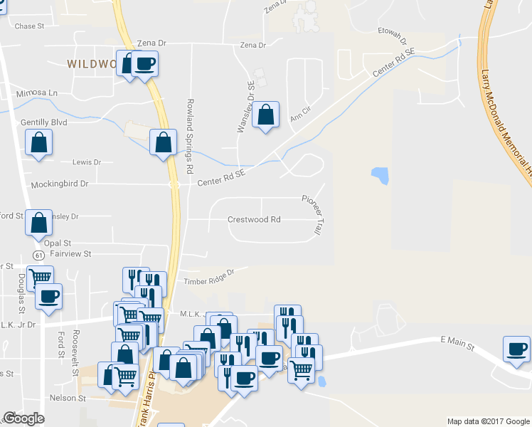 map of restaurants, bars, coffee shops, grocery stores, and more near 24 Crestwood Road in Cartersville