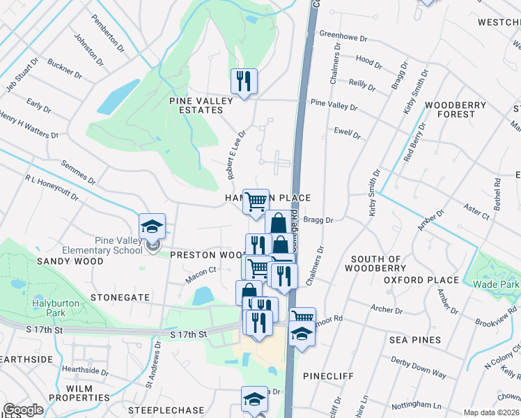 map of restaurants, bars, coffee shops, grocery stores, and more near 3431 Regency Drive in Wilmington