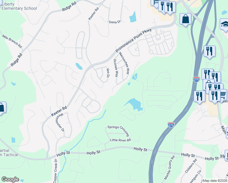 map of restaurants, bars, coffee shops, grocery stores, and more near 201 Nacoochee Way in Canton