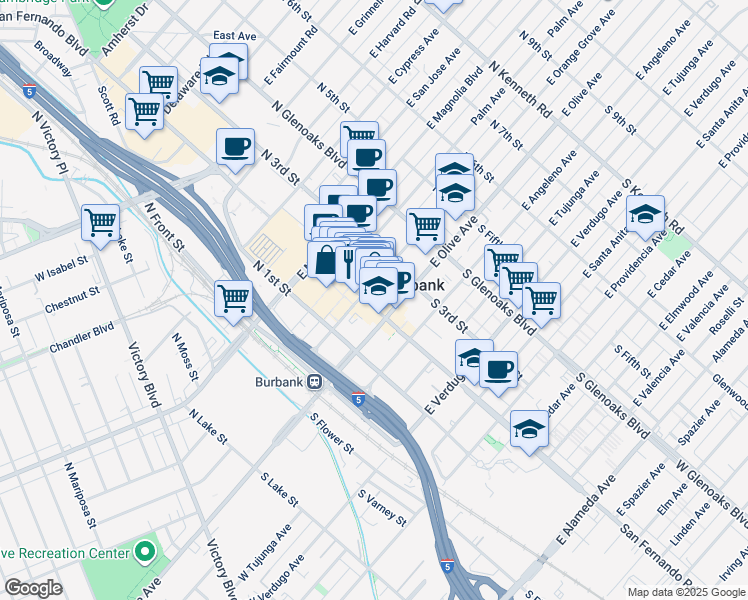map of restaurants, bars, coffee shops, grocery stores, and more near 138 North San Fernando Boulevard in Burbank