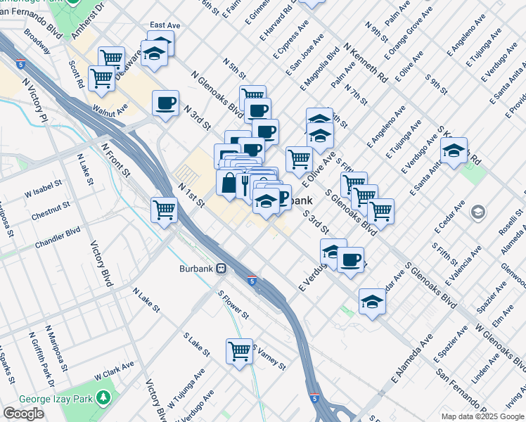 map of restaurants, bars, coffee shops, grocery stores, and more near 138 North San Fernando Boulevard in Burbank