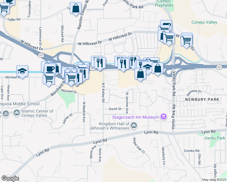 map of restaurants, bars, coffee shops, grocery stores, and more near 1868 Galway Lane in Thousand Oaks