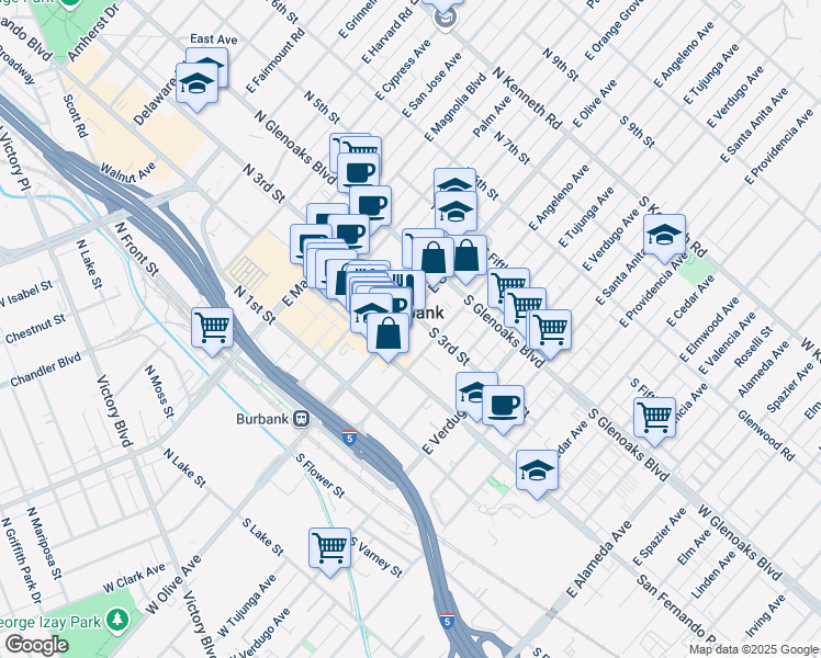 map of restaurants, bars, coffee shops, grocery stores, and more near in Burbank