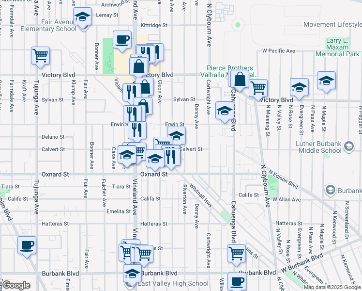map of restaurants, bars, coffee shops, grocery stores, and more near 6122 Satsuma Avenue in Los Angeles