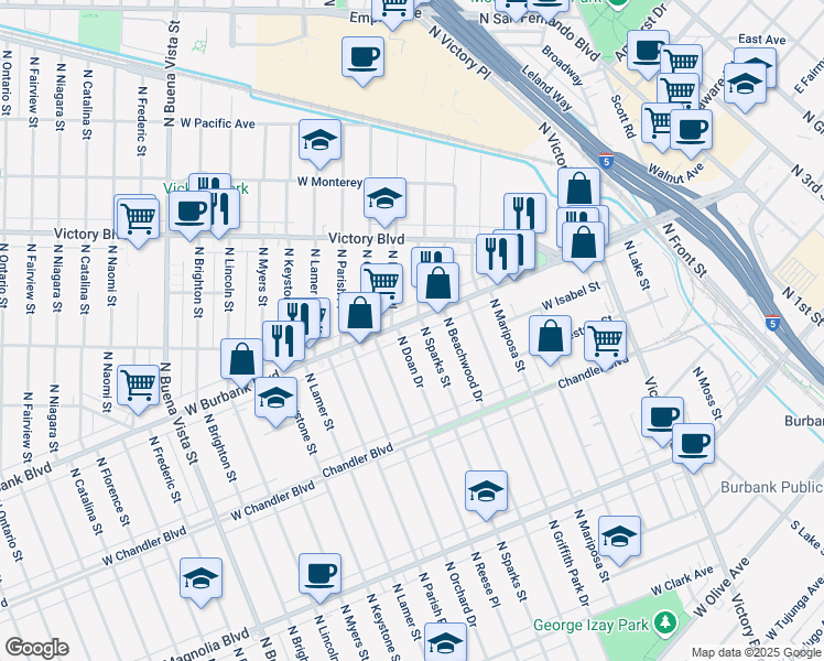 map of restaurants, bars, coffee shops, grocery stores, and more near 1605 West Burbank Boulevard in Burbank