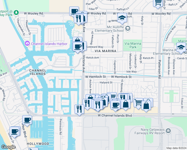 map of restaurants, bars, coffee shops, grocery stores, and more near 3651 West Hemlock Street in Oxnard