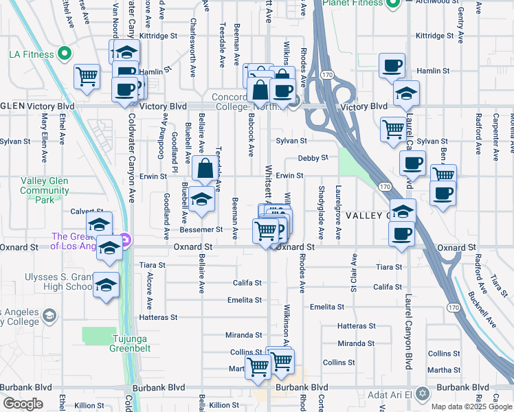 map of restaurants, bars, coffee shops, grocery stores, and more near 6115 Whitsett Avenue in Los Angeles