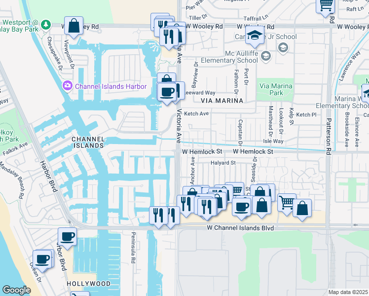 map of restaurants, bars, coffee shops, grocery stores, and more near 3781 West Hemlock Street in Oxnard