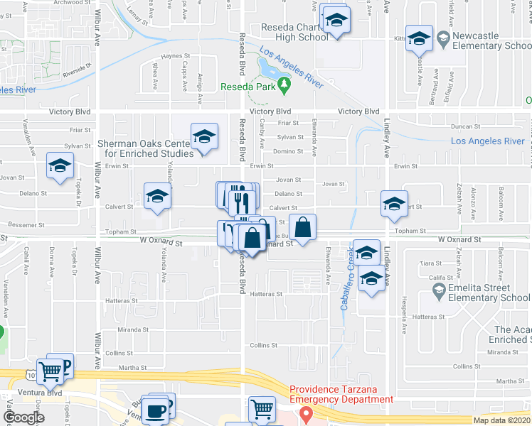 map of restaurants, bars, coffee shops, grocery stores, and more near 18424 Calvert Street in Los Angeles