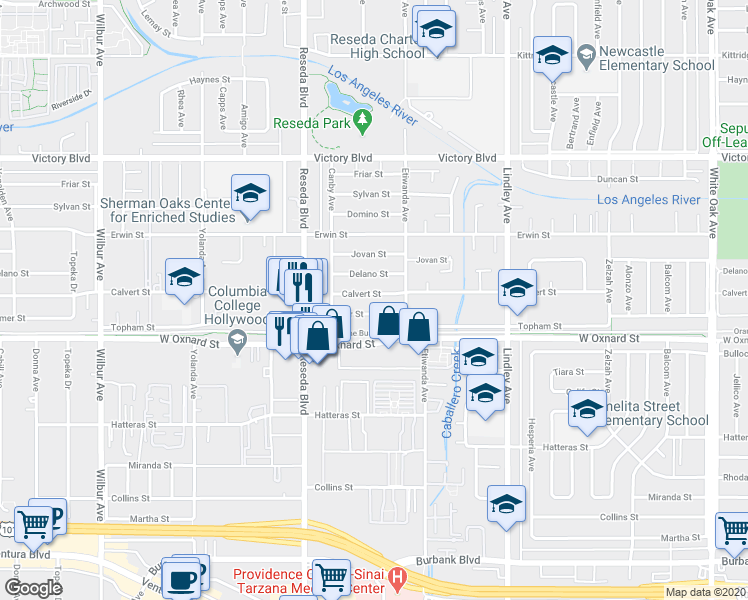 map of restaurants, bars, coffee shops, grocery stores, and more near 18336 Calvert Street in Los Angeles