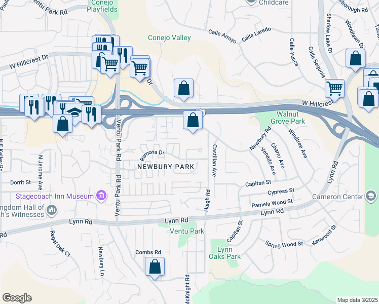 map of restaurants, bars, coffee shops, grocery stores, and more near 216 Windrose Court in Thousand Oaks