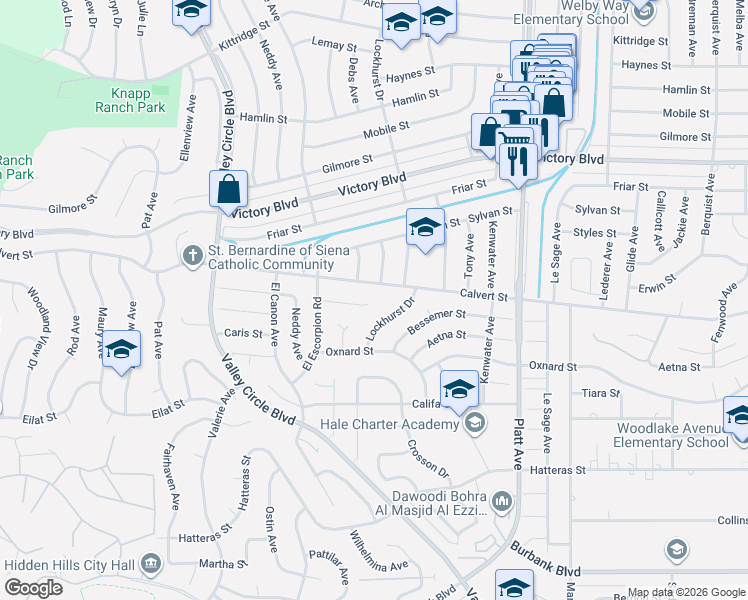 map of restaurants, bars, coffee shops, grocery stores, and more near 24001 Bessemer Street in Los Angeles