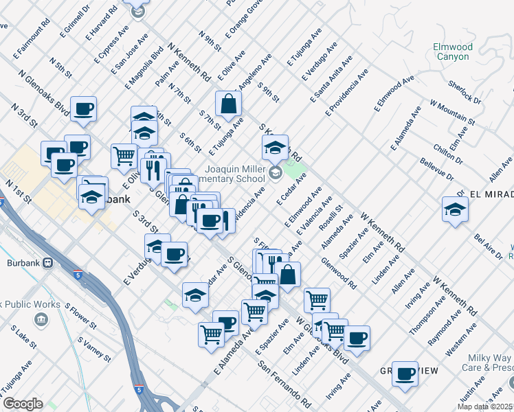 map of restaurants, bars, coffee shops, grocery stores, and more near 611 South 6th Street in Burbank