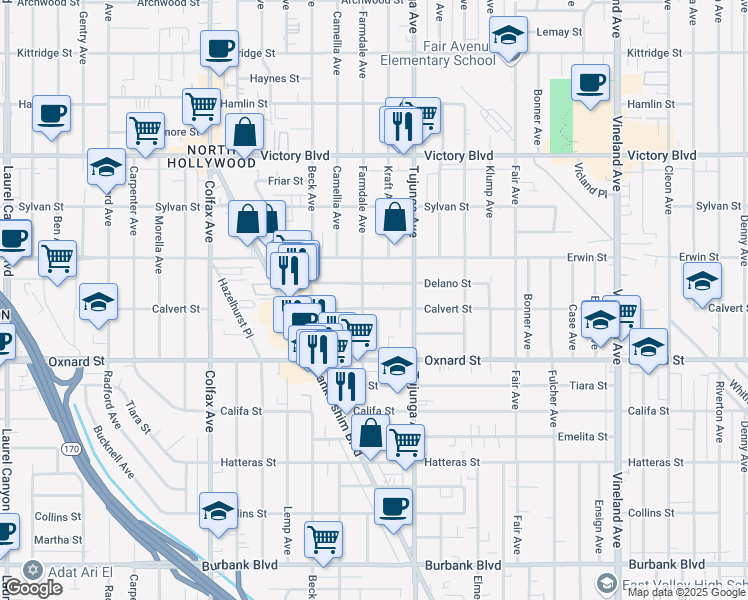 map of restaurants, bars, coffee shops, grocery stores, and more near 11451 Calvert Street in Los Angeles
