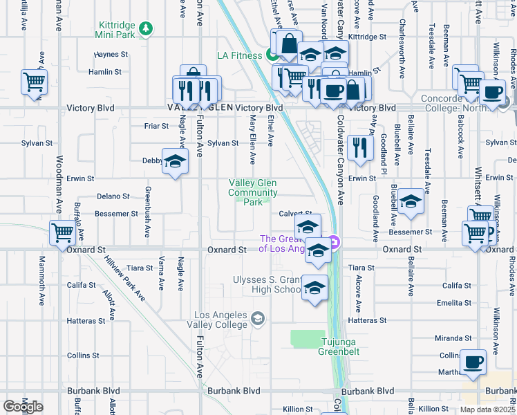 map of restaurants, bars, coffee shops, grocery stores, and more near 6110 Mary Ellen Avenue in Los Angeles