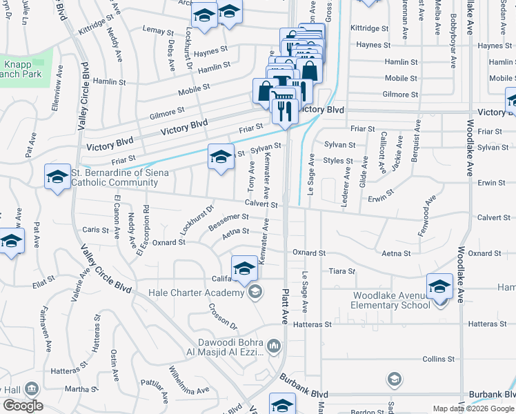 map of restaurants, bars, coffee shops, grocery stores, and more near 23806 Calvert Street in Los Angeles