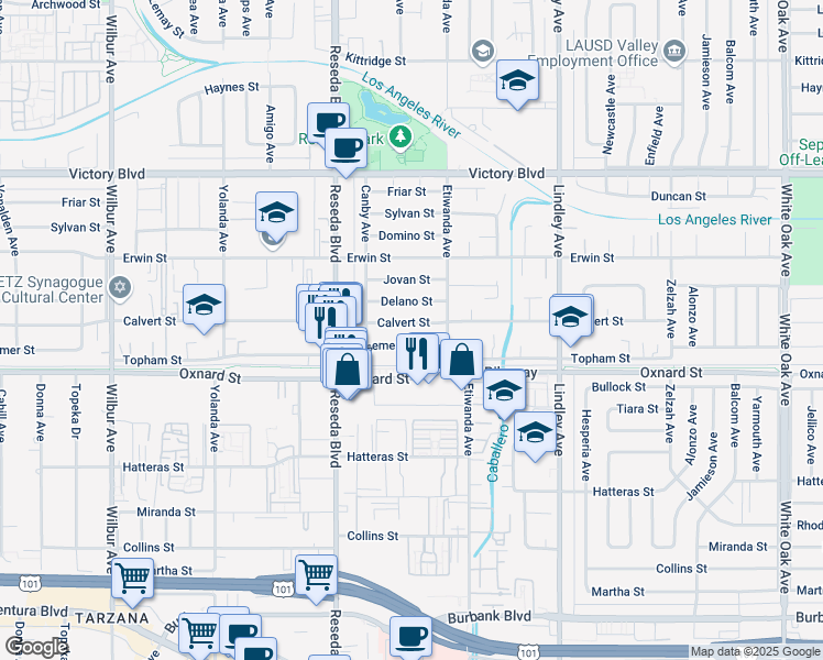 map of restaurants, bars, coffee shops, grocery stores, and more near 18336 Calvert Street in Los Angeles