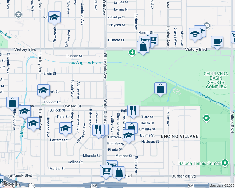 map of restaurants, bars, coffee shops, grocery stores, and more near 17601 Calvert Street in Los Angeles