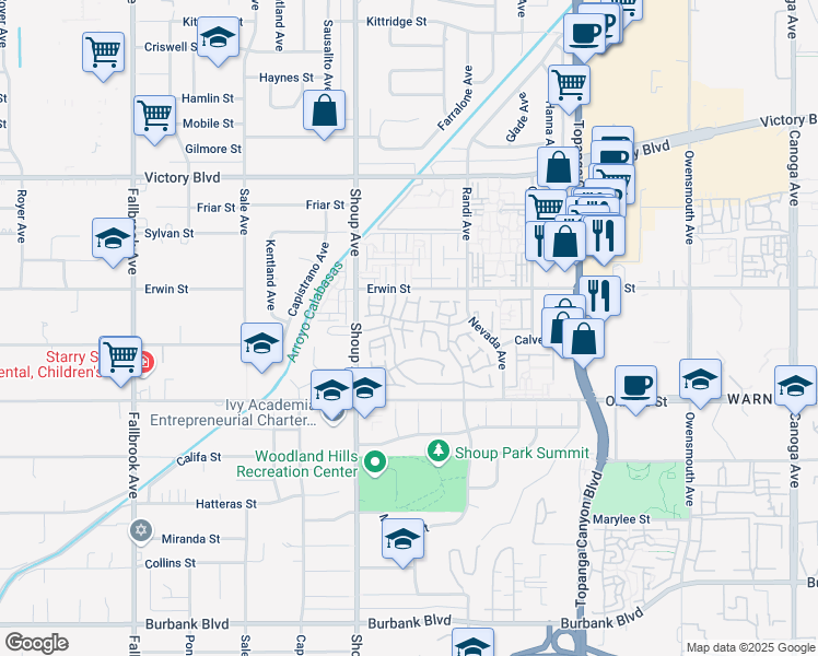 map of restaurants, bars, coffee shops, grocery stores, and more near 6195 Coral Pink Circle in Los Angeles