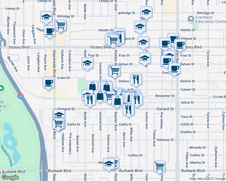 map of restaurants, bars, coffee shops, grocery stores, and more near 6149 Noble Avenue in Los Angeles