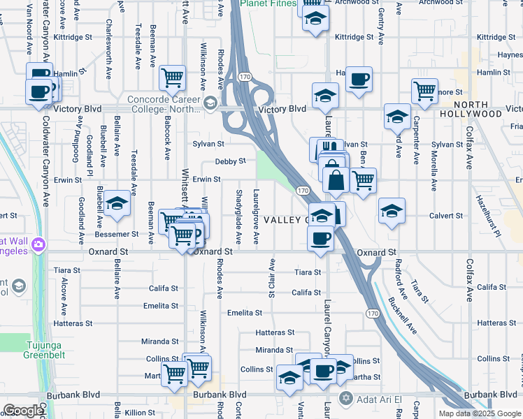 map of restaurants, bars, coffee shops, grocery stores, and more near 6114 Bellingham Avenue in Los Angeles