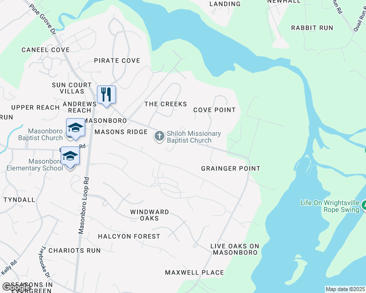 map of restaurants, bars, coffee shops, grocery stores, and more near 7094 Masonboro Sound Road in Wilmington