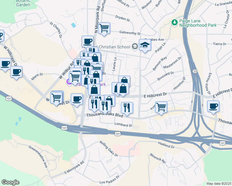 map of restaurants, bars, coffee shops, grocery stores, and more near 275 East Hillcrest Drive in Thousand Oaks