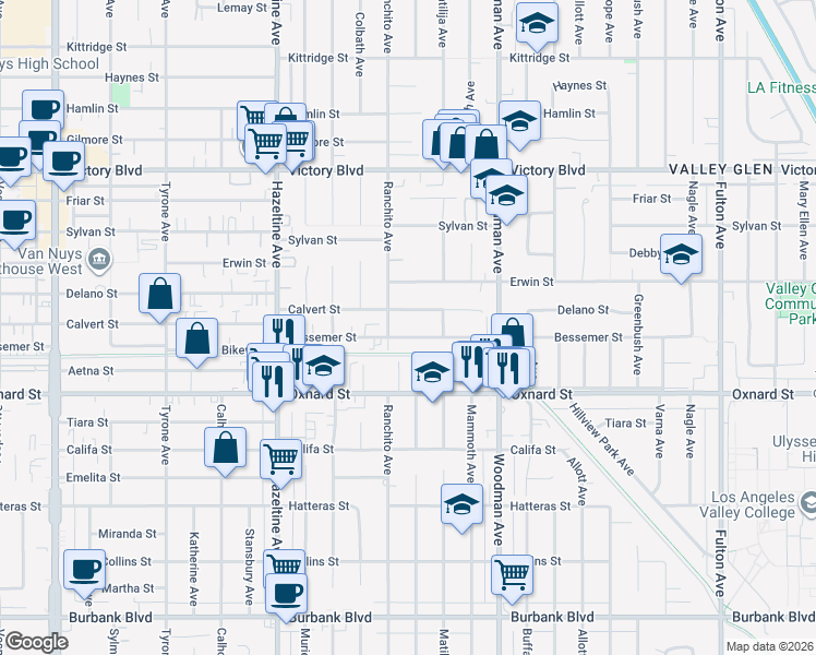 map of restaurants, bars, coffee shops, grocery stores, and more near 13833 Bessemer Street in Los Angeles