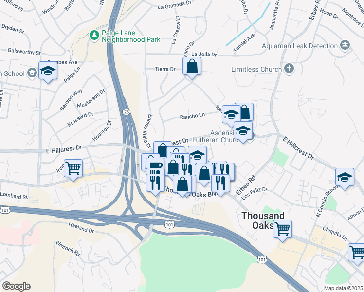 map of restaurants, bars, coffee shops, grocery stores, and more near 232 Gazania Court in Thousand Oaks