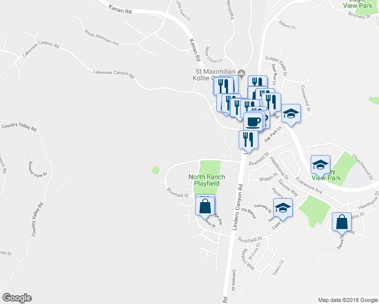 map of restaurants, bars, coffee shops, grocery stores, and more near 5615 Roundtree Place in Thousand Oaks