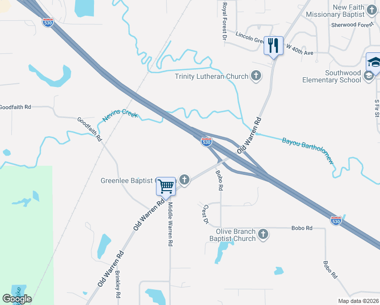 map of restaurants, bars, coffee shops, grocery stores, and more near 4826 Old Warren Road in Pine Bluff