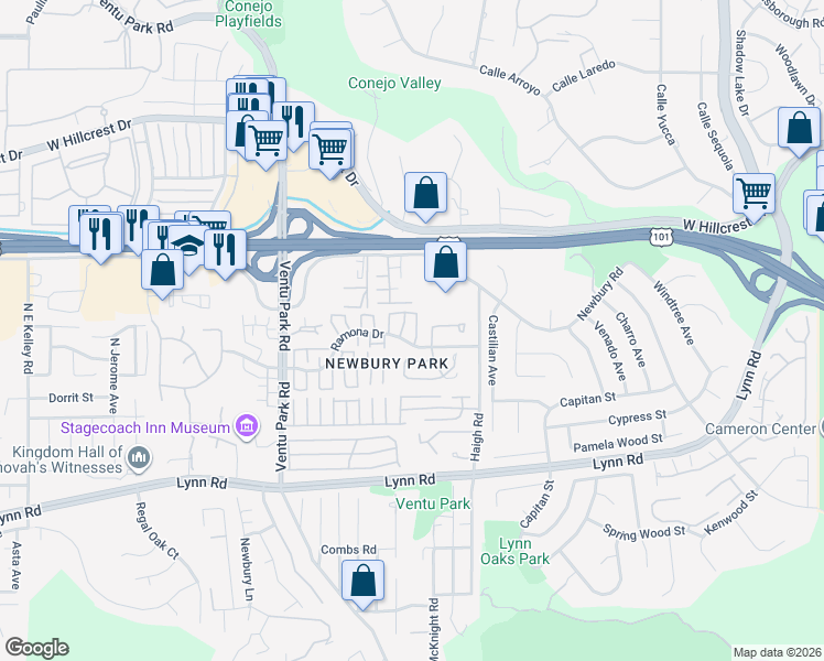 map of restaurants, bars, coffee shops, grocery stores, and more near 1157 Ramona Dr in Thousand Oaks