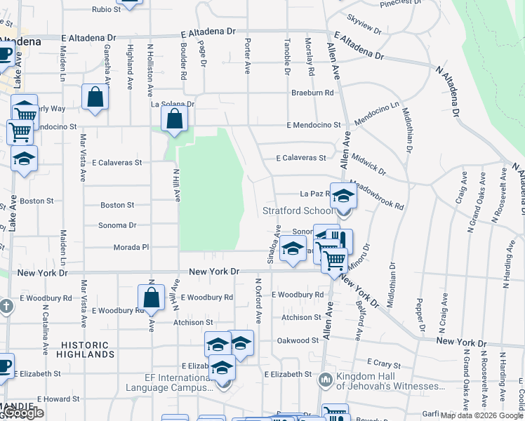 map of restaurants, bars, coffee shops, grocery stores, and more near 1532 Meadowbrook Road in Altadena