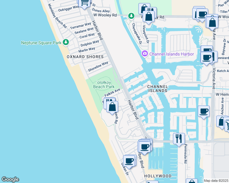 map of restaurants, bars, coffee shops, grocery stores, and more near Falkirk Avenue in Oxnard