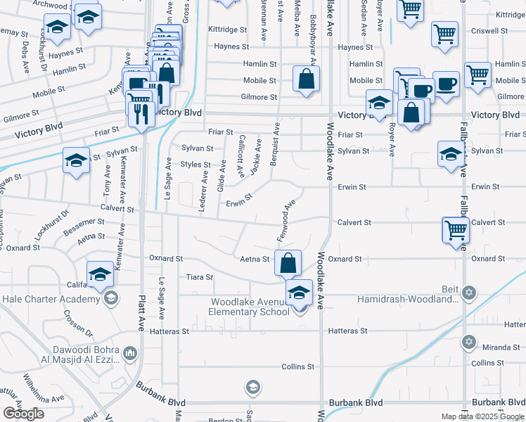 map of restaurants, bars, coffee shops, grocery stores, and more near 6114 Sadring Avenue in Los Angeles