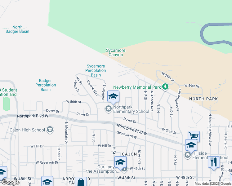 map of restaurants, bars, coffee shops, grocery stores, and more near 5748 North Crescent Street in San Bernardino