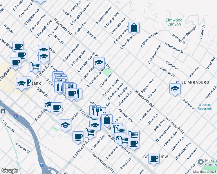 map of restaurants, bars, coffee shops, grocery stores, and more near 701 East Elmwood Avenue in Burbank