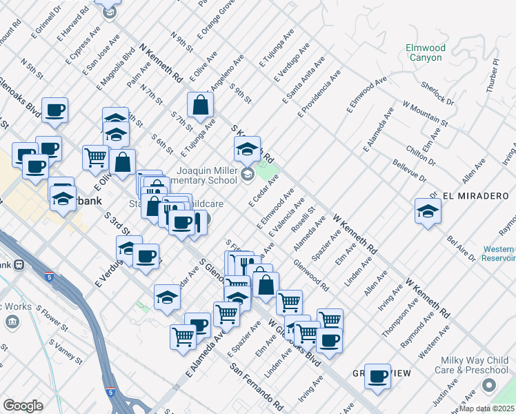 map of restaurants, bars, coffee shops, grocery stores, and more near 623 East Cedar Avenue in Burbank