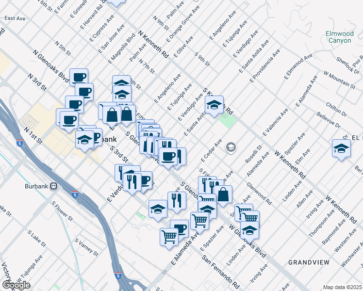 map of restaurants, bars, coffee shops, grocery stores, and more near 541 East Santa Anita Avenue in Burbank