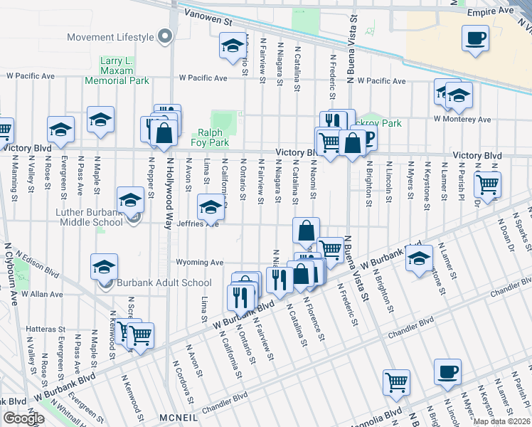 map of restaurants, bars, coffee shops, grocery stores, and more near 1525 North Fairview Street in Burbank