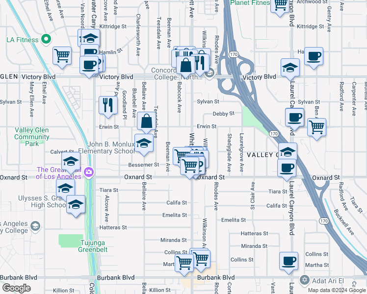 map of restaurants, bars, coffee shops, grocery stores, and more near 6125 Whitsett Avenue in Los Angeles