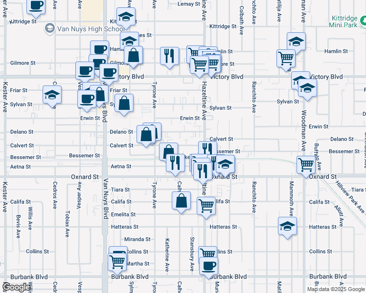 map of restaurants, bars, coffee shops, grocery stores, and more near 14145 Calvert Street in Los Angeles